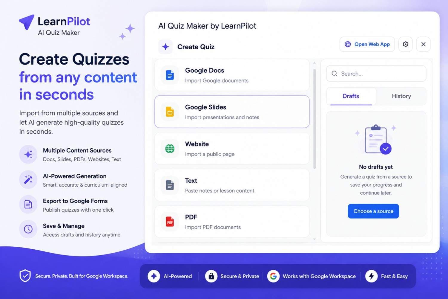 AI Quiz Maker by LearnPilot create quiz screen in Google Forms add-on