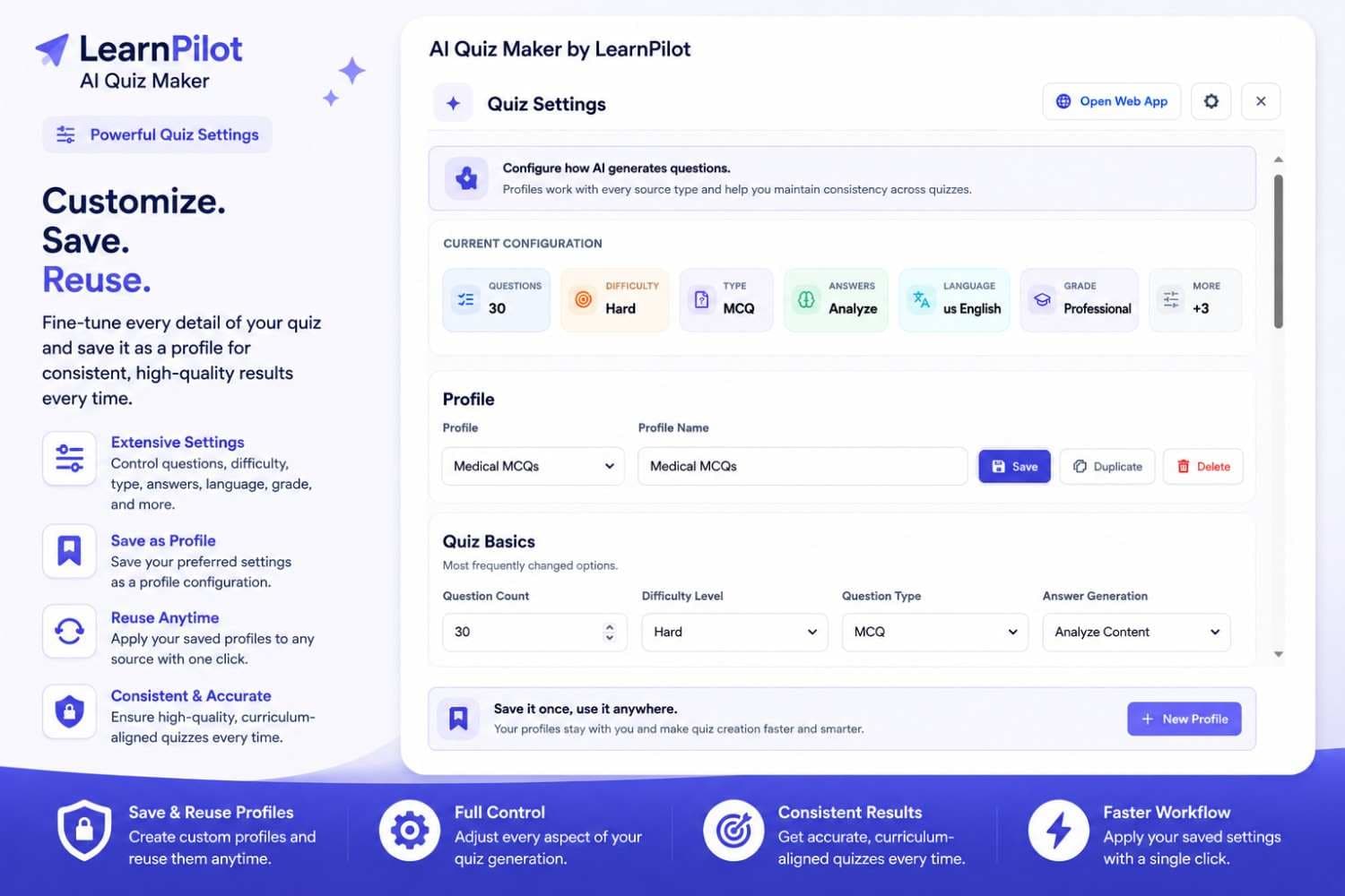 AI Quiz Maker by LearnPilot quiz generation settings and customizations